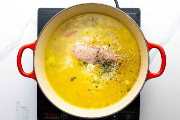 Chicken breast and seasonings added to a pot of soup at a low simmer.