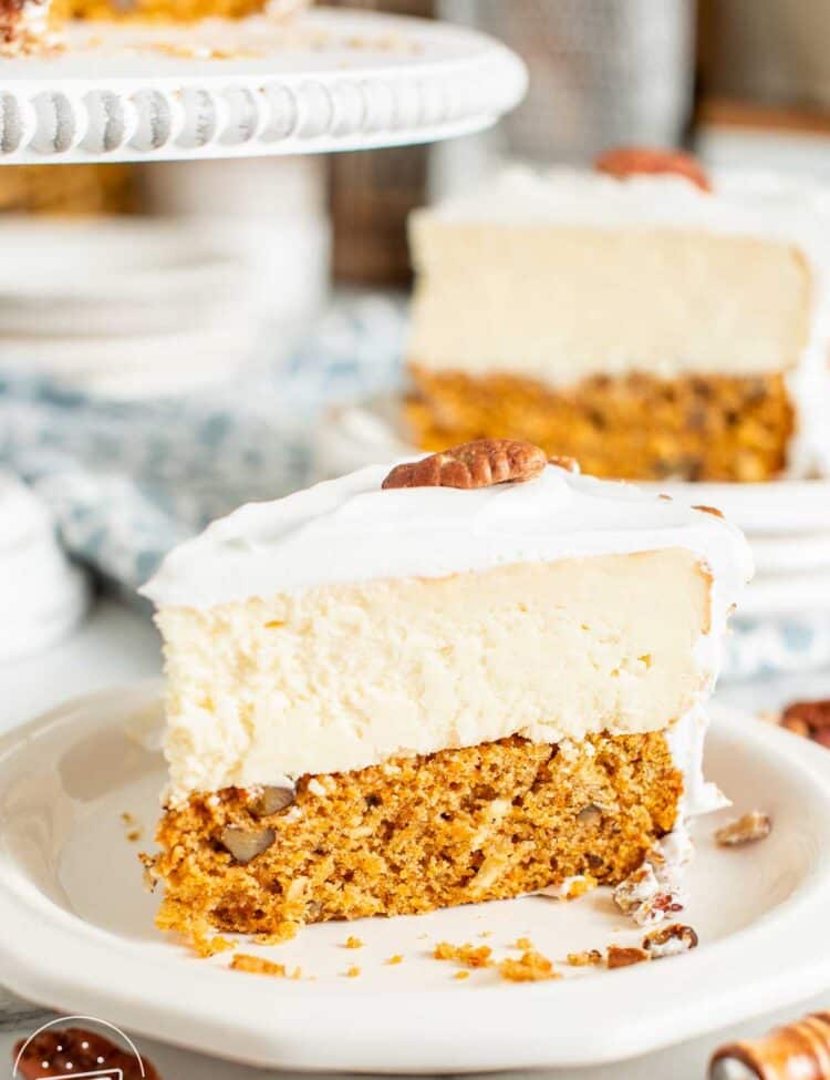 A slice of carrot cake cheesecake on a small white plate.