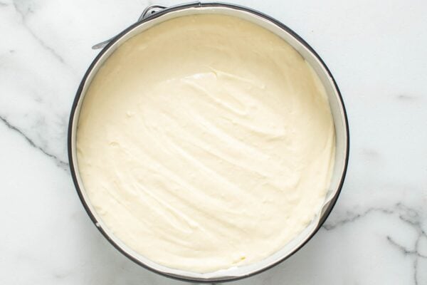 cheesecake filling spread into a springform pan.