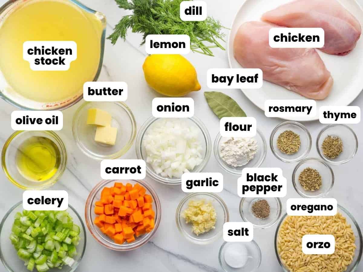 Overhead view of lemon chicken orzo soup ingredients labeled on a white surface, including chicken stock, chicken breasts, lemon, fresh dill, olive oil, butter, onion, carrot, celery, garlic, flour, orzo, bay leaf, dried herbs, salt, and black pepper.