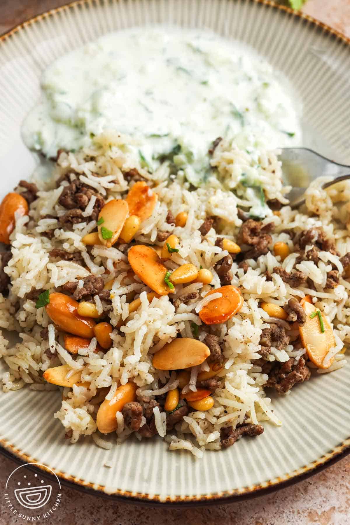 A serving of hashweh with toasted pine nuts in a bowl with a side of garlic cucumber yogurt sauce