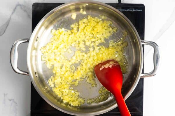 finely diced onions sauteed in a large skillet over an electric burner.