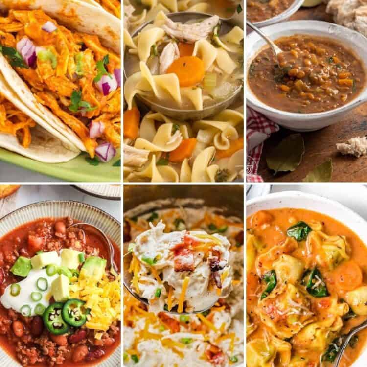 Instant Pot recipe collage featuring chicken tacos, chicken noodle soup, lentil soup, chili with toppings, crack chicken, and creamy tortellini soup.