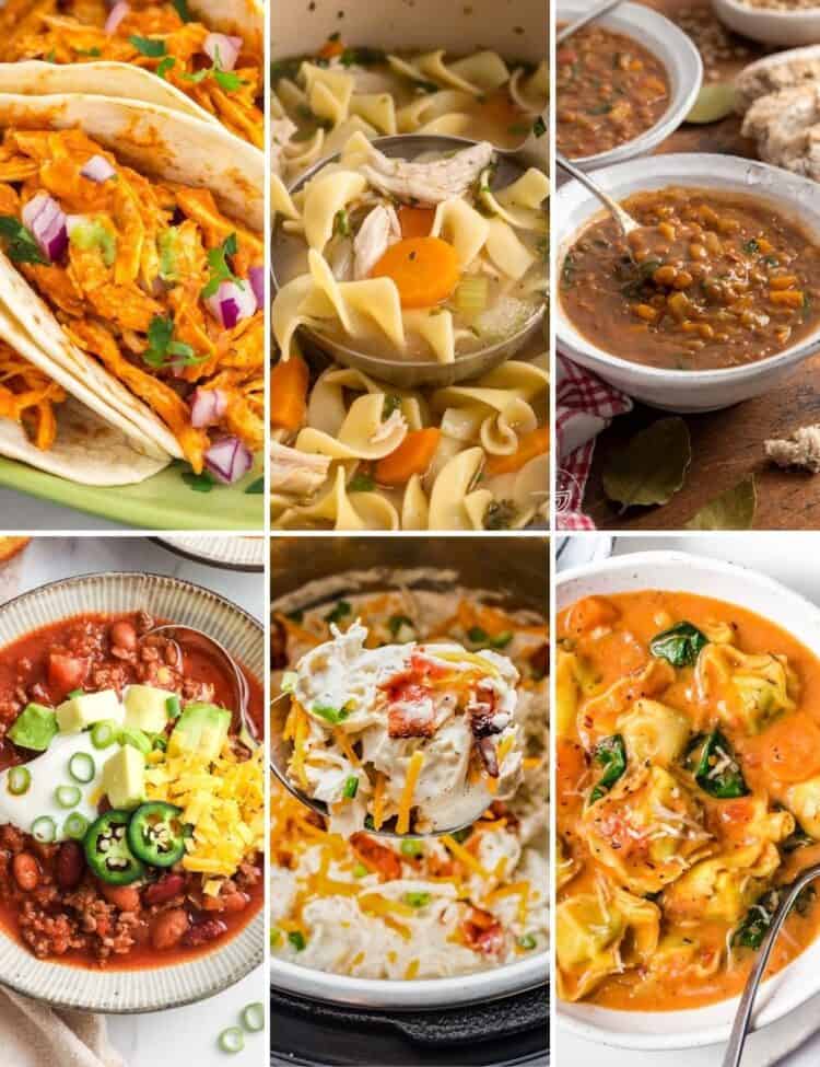 Instant Pot recipe collage featuring chicken tacos, chicken noodle soup, lentil soup, chili with toppings, crack chicken, and creamy tortellini soup.
