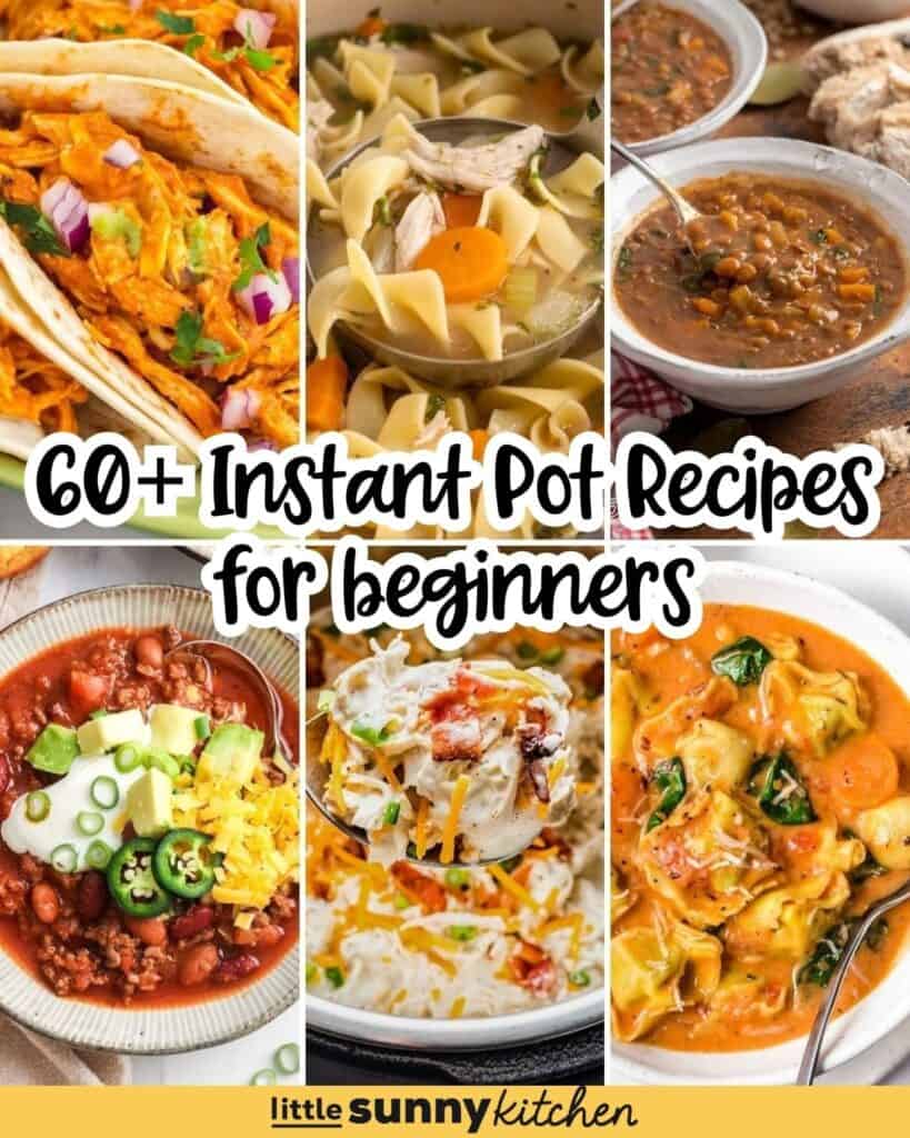 Pinterest pin collage of six Instant Pot dishes with text overlay “60+ Instant Pot Recipes for Beginners” and Little Sunny Kitchen branding.