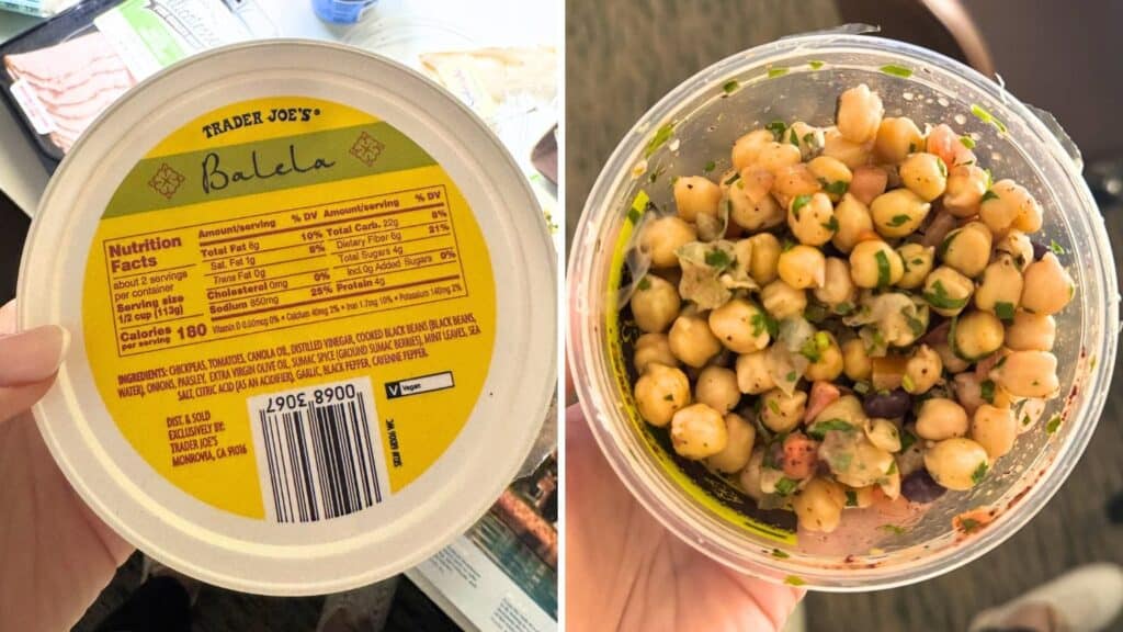 Trader Joe’s balela container lid next to an open cup of balela with chickpeas, black beans, diced tomatoes, onion, and herbs.
