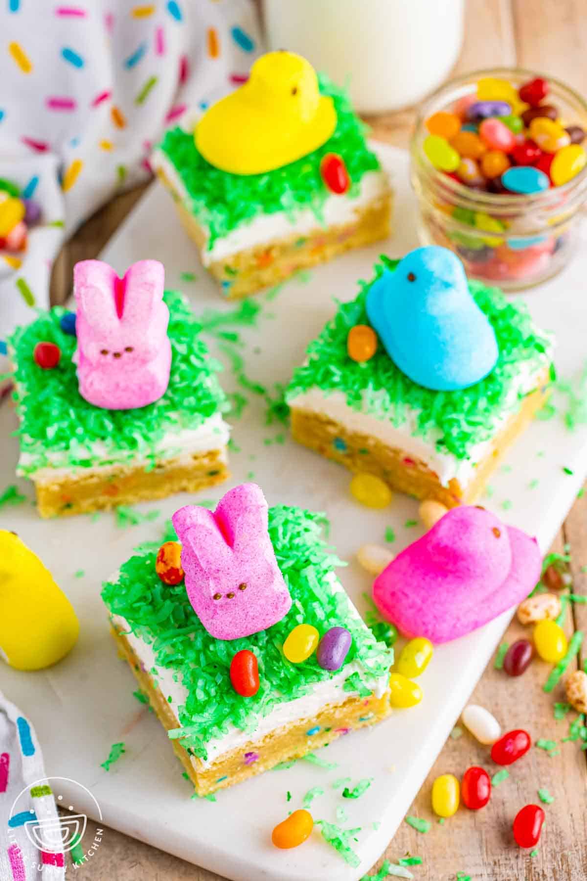 Overhead shot of Easter cookie bars on a marble slab