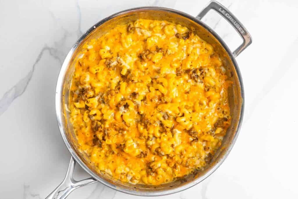 cheeseburger mac and cheese after melting cheese over the top.