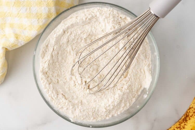 flour, baking soda, and salt, whisked together in a glass bowl.