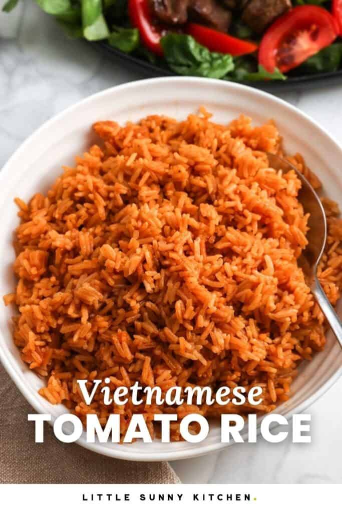 Bowl of fluffy Vietnamese tomato rice with a spoon and shaking beef with tomatoes in the background.