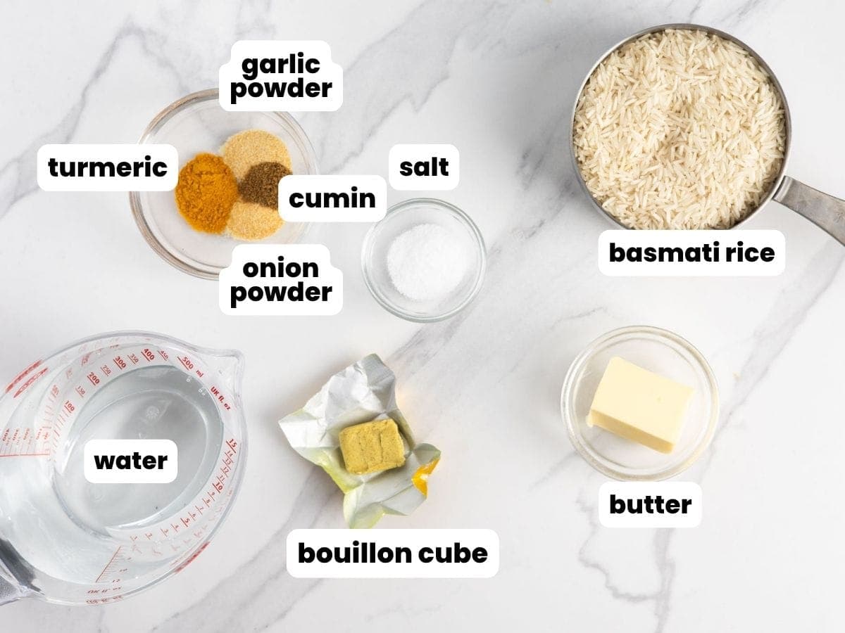 Ingredients for yellow basmati rice with turmeric and cumin.