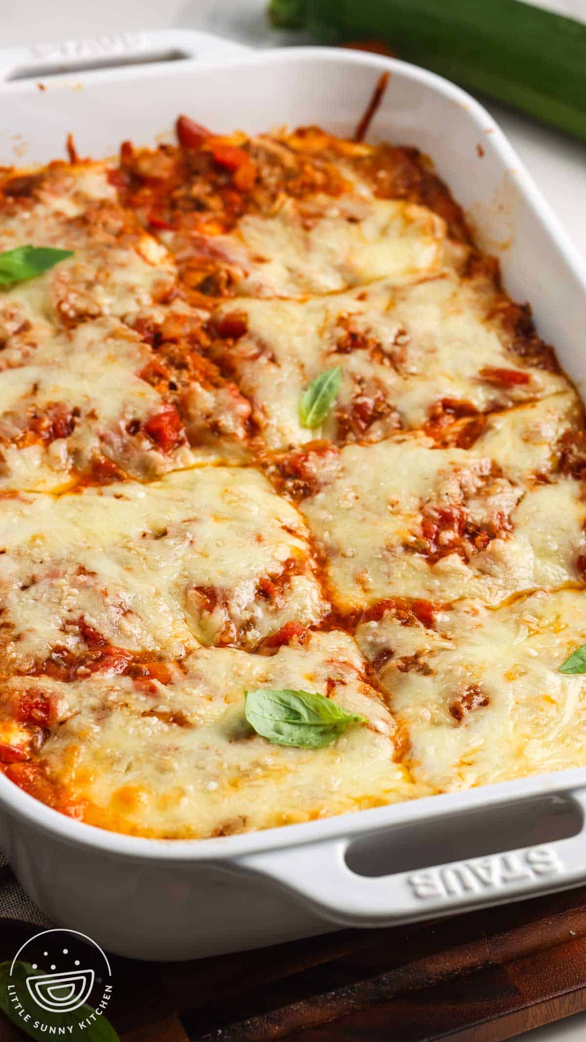 zucchini lasagna in a baking dish.