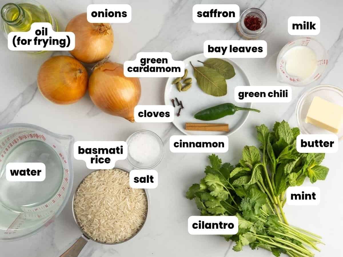 Ingredients for making saffron rice.