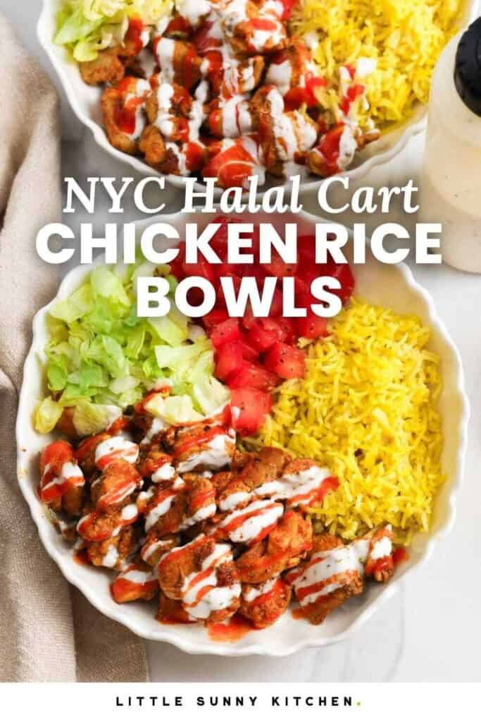 Halal cart chicken and rice bowls with Text overlay