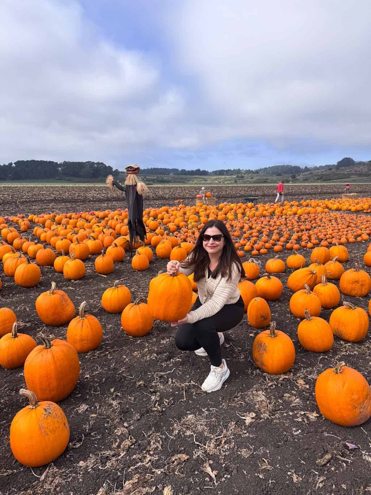 Diana holding a pumpkin in a pumpkin patch surrounded by rows of pumpkins in autumn.