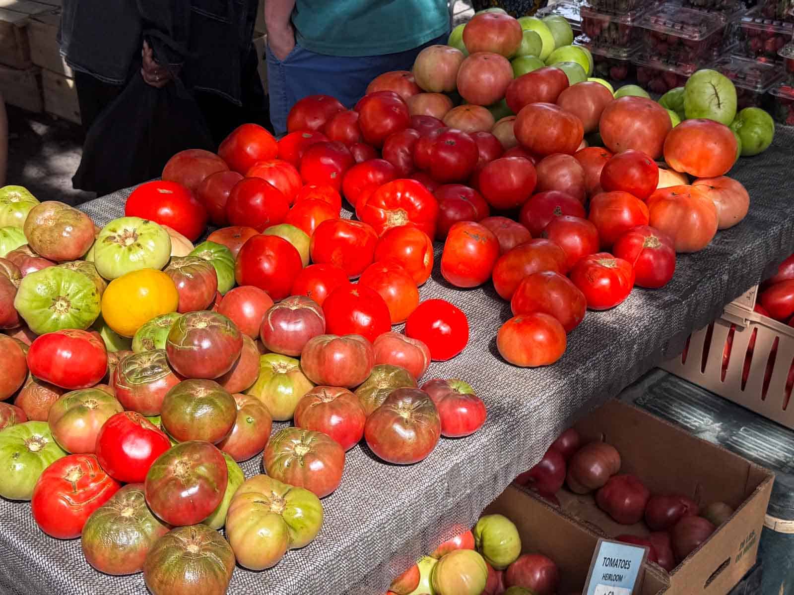 Colorful heirloom tomatoes piled on a farmers market table