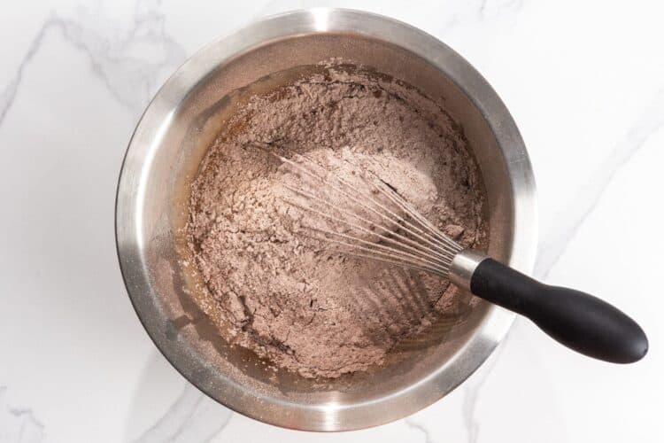 cocoa powder and flour whisked into a batter.