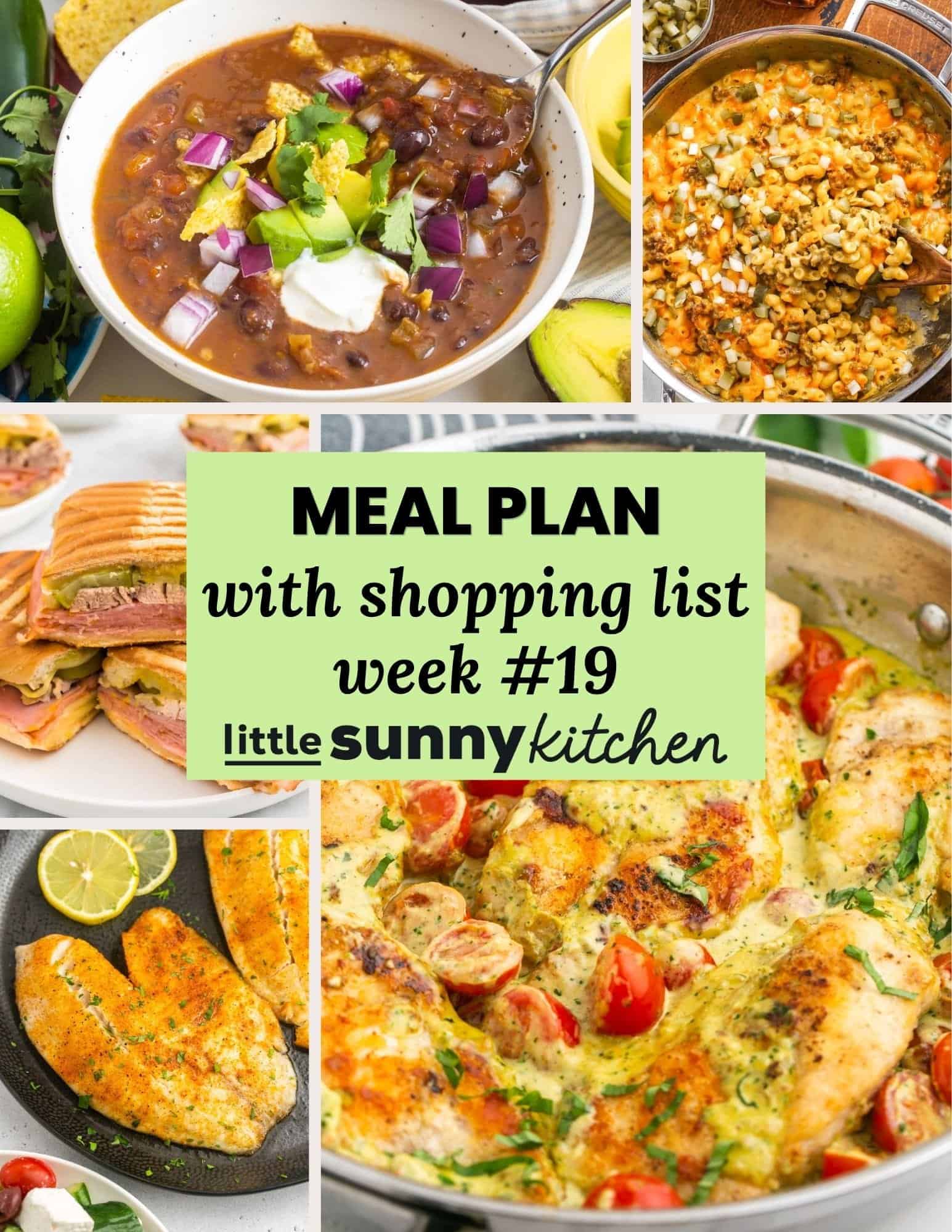 Meal plan with shopping list for July 27 through August 2 from Little Sunny Kitchen, shown with a collage of easy summer dinner recipes.