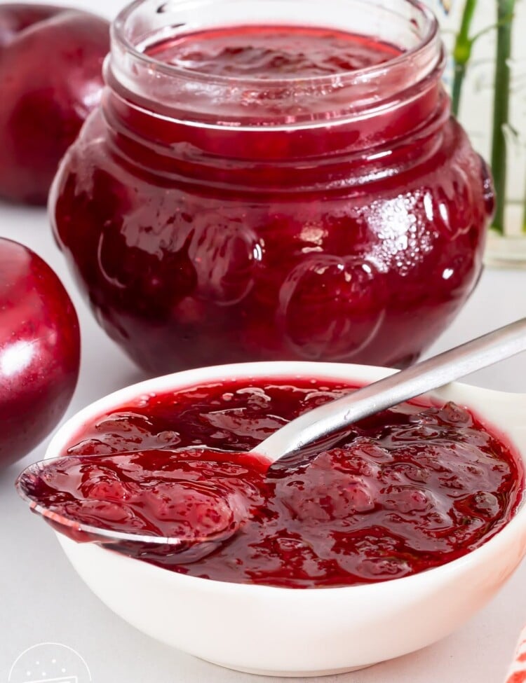 Spoonful of homemade plum jam over an open jar surrounded by fresh plums.