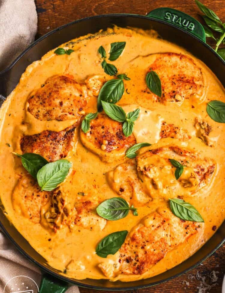 Overhead view of chicken cutlets simmered in creamy pumpkin Parmesan sauce and topped with fresh basil.