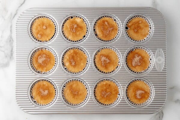 cinnamon sugar sprinkled over muffin batter in a muffin pan.