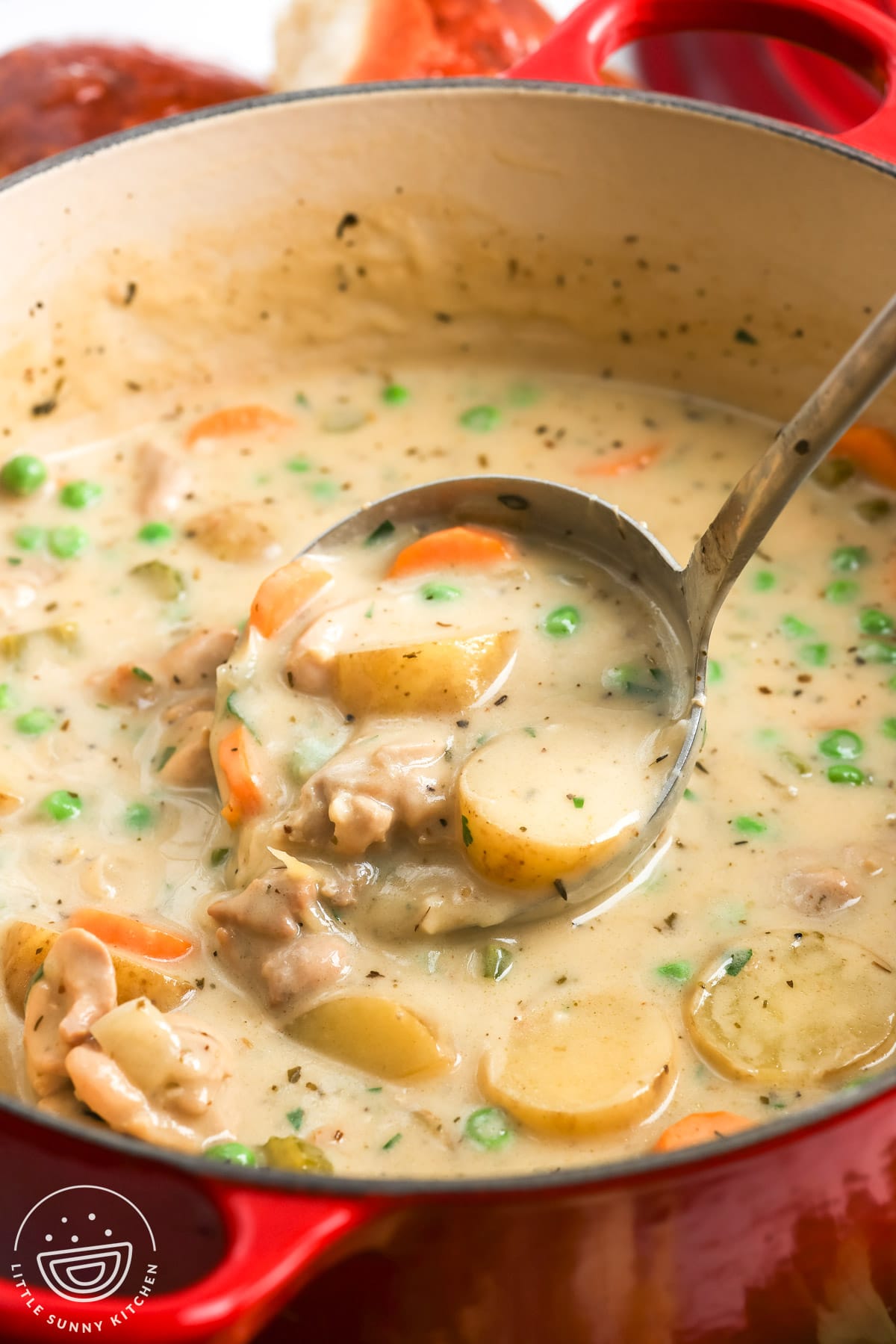closeup of a pot of stovetop chicken stew. A ladle is serving