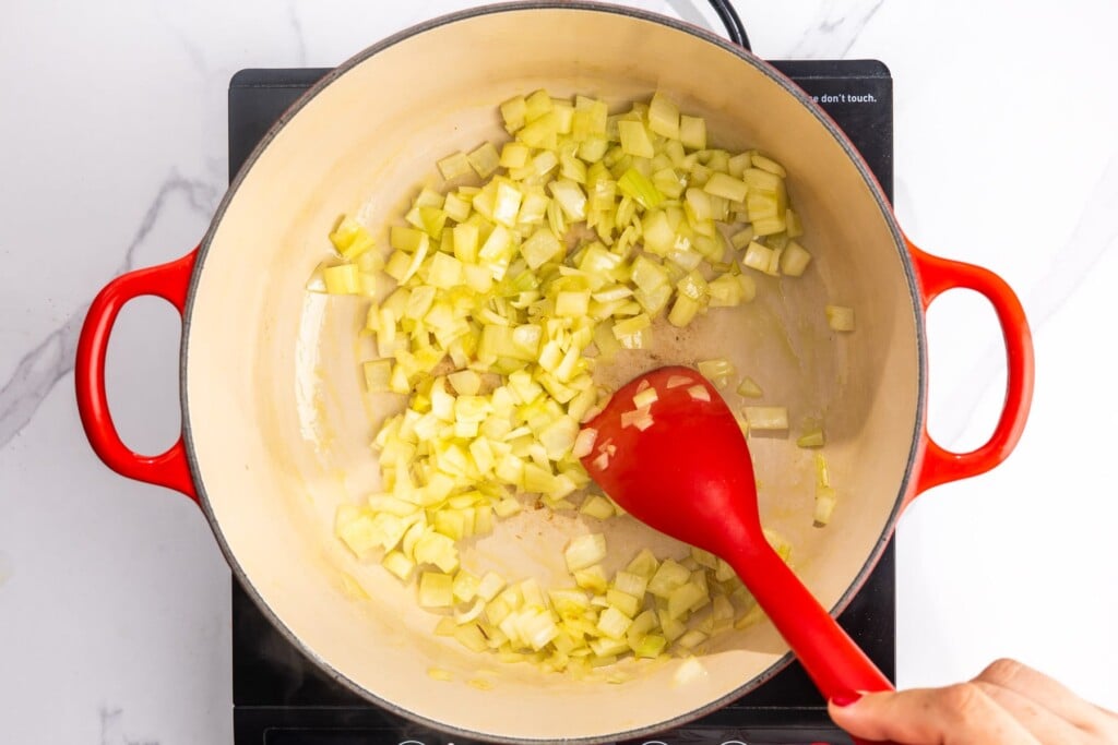 diced onions sauteed in a dutch oven.