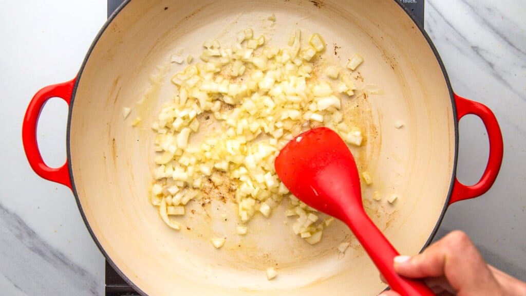 onions sauteed in a skillet.