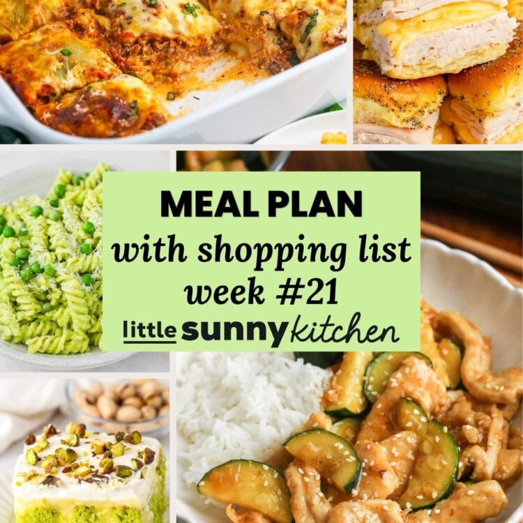 Meal plan with shopping list for August 10 through 16 from Little Sunny Kitchen, shown with a collage of easy late-summer dinner recipes.