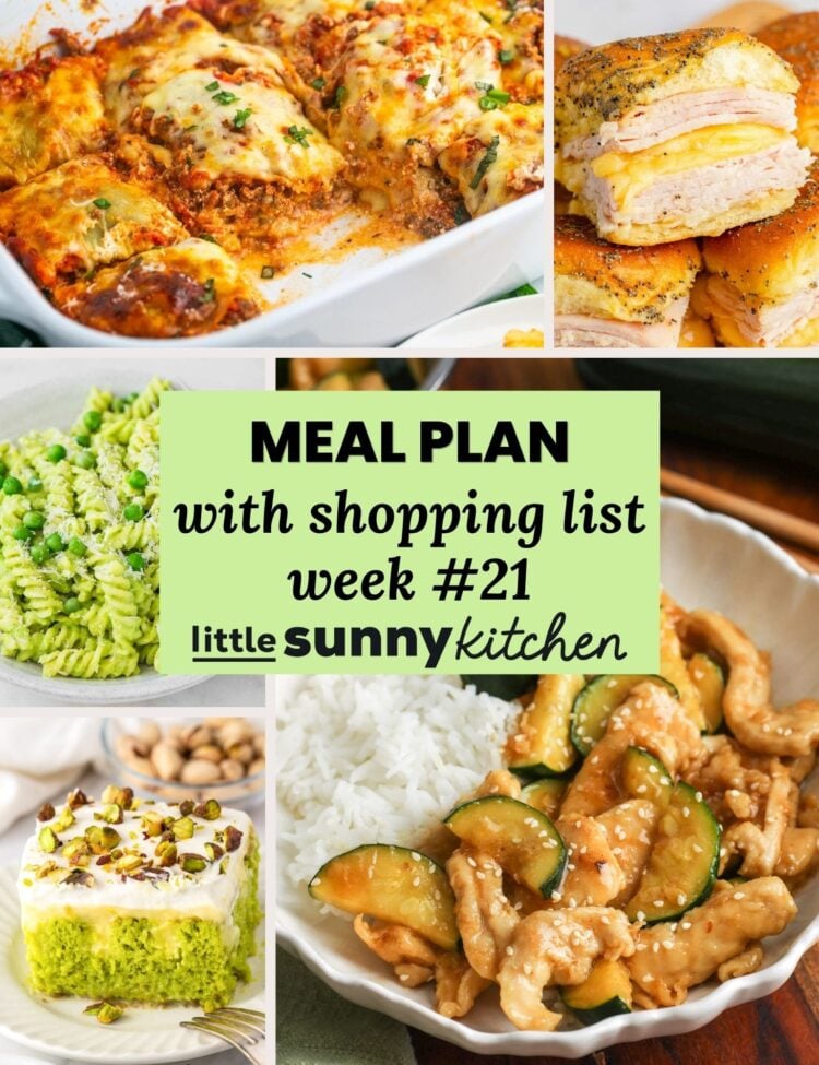 Meal plan with shopping list for August 10 through 16 from Little Sunny Kitchen, shown with a collage of easy late-summer dinner recipes.