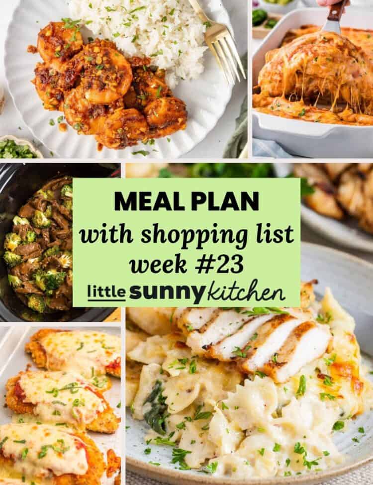 Meal plan with shopping list for August 24 through 30 from Little Sunny Kitchen, shown with a collage of easy late-summer dinner recipes.