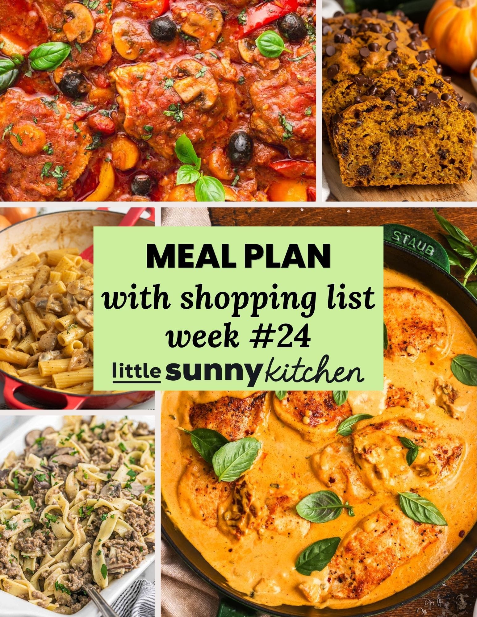 Meal plan with shopping list for August 31 through September 6 from Little Sunny Kitchen, shown with a collage of easy late-summer dinner recipes.