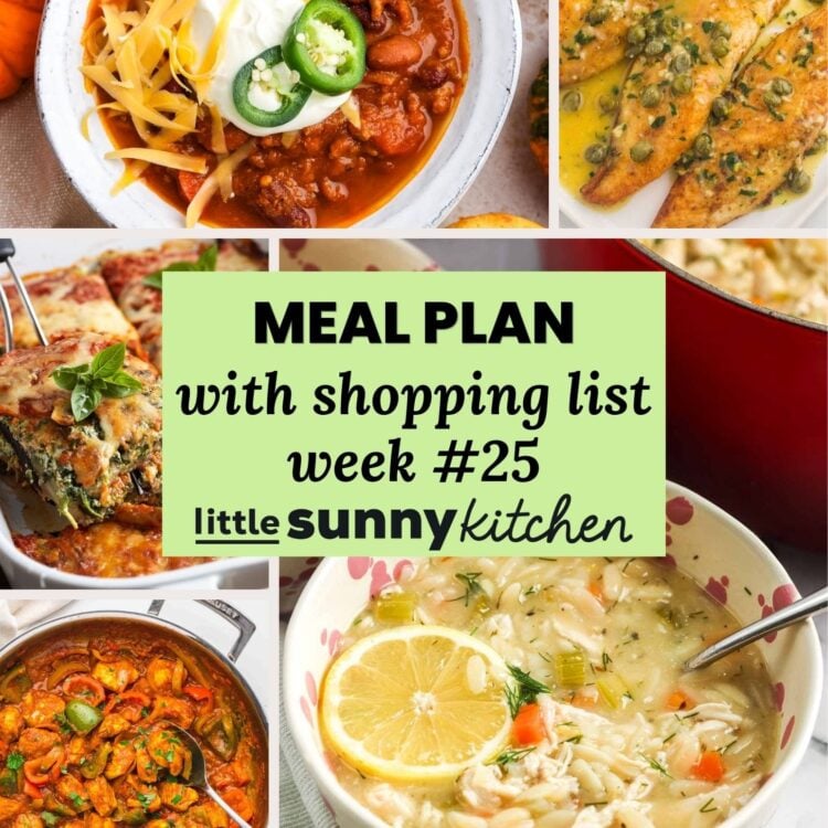 Meal Plan #25 for September 7-13 with Greek chicken lemon orzo soup, fish piccata, pumpkin chili, chicken jalfrezi, eggplant lasagna, and pumpkin banana muffins.