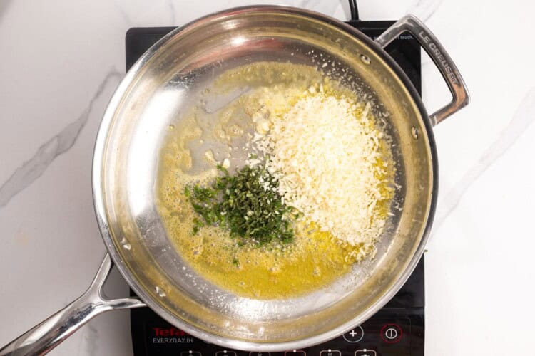 butter, breadcrumbs, and chopped sage in a frying pan.