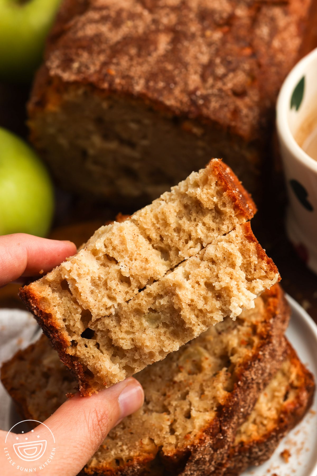 a hand holding a slice of apple bread, torn in half to show the tender, fluffy crumb.