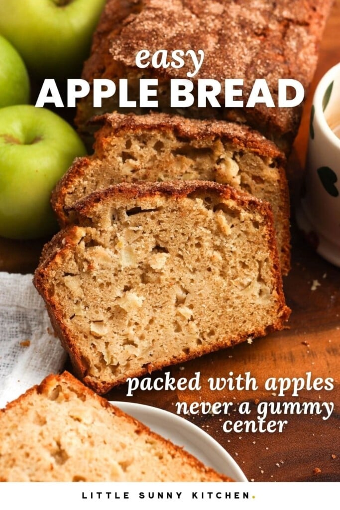 a loaf of sliced apple quick bread. Text overlay says "easy apple bread"
