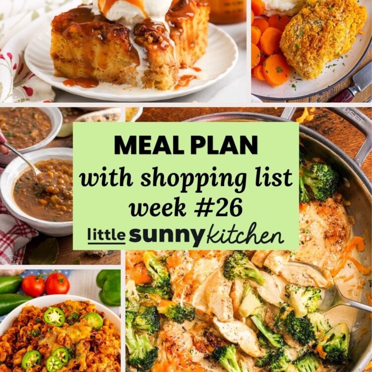 Meal Plan #26 for September 14-20 with chili macaroni, skillet broccoli cheddar chicken, Instant Pot lentil soup, air fryer salmon, Ritz cracker baked pork chops, and pumpkin bread pudding.