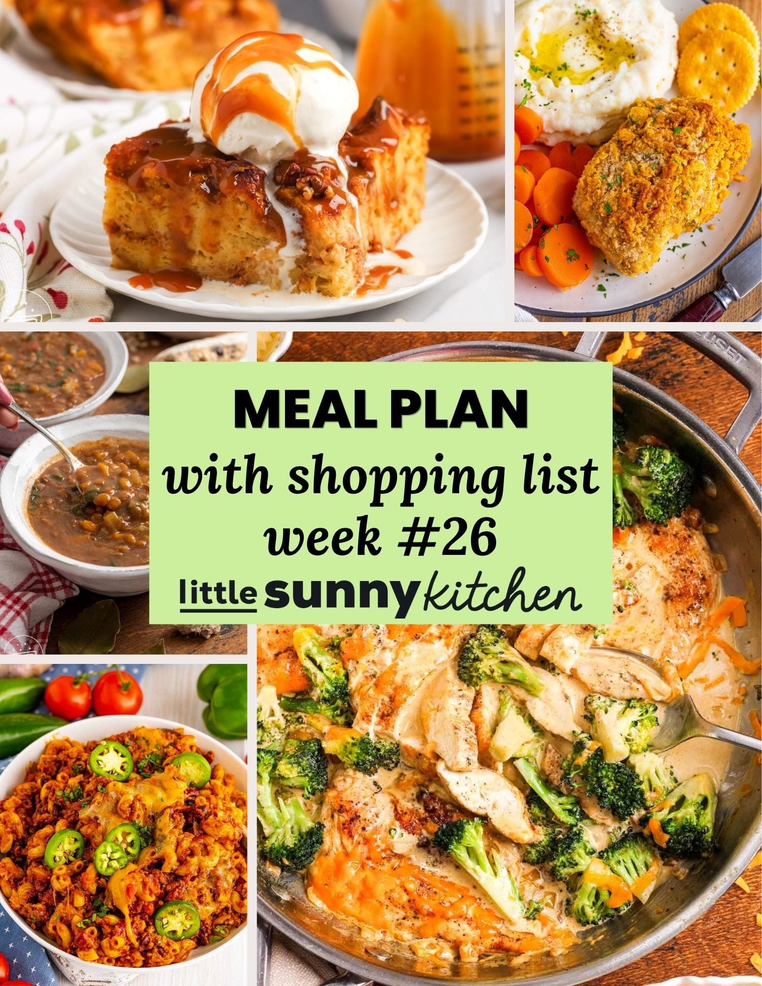 Meal Plan #26 for September 14-20 with chili macaroni, skillet broccoli cheddar chicken, Instant Pot lentil soup, air fryer salmon, Ritz cracker baked pork chops, and pumpkin bread pudding.