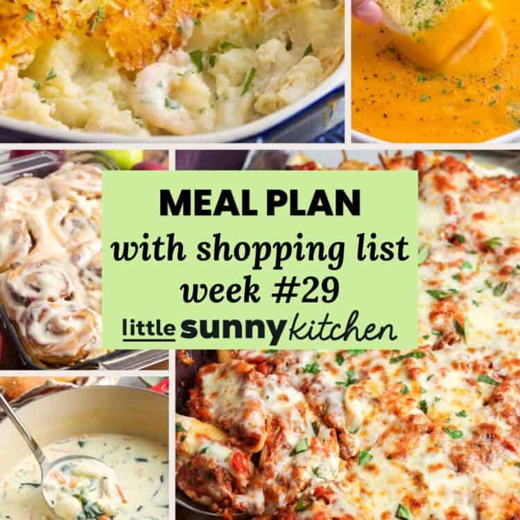 Meal Plan #29 for October 5 to 11 with beef stuffed shells, chicken gnocchi soup, bratwurst with sauerkraut, creamy sweet potato soup, fish pie, and apple pie filled cinnamon rolls.