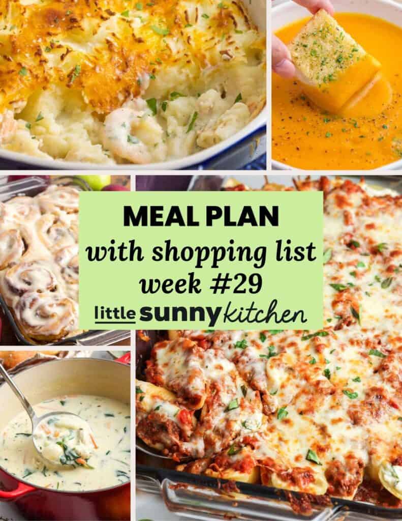 Meal Plan #29 for October 5 to 11 with beef stuffed shells, chicken gnocchi soup, bratwurst with sauerkraut, creamy sweet potato soup, fish pie, and apple pie filled cinnamon rolls.