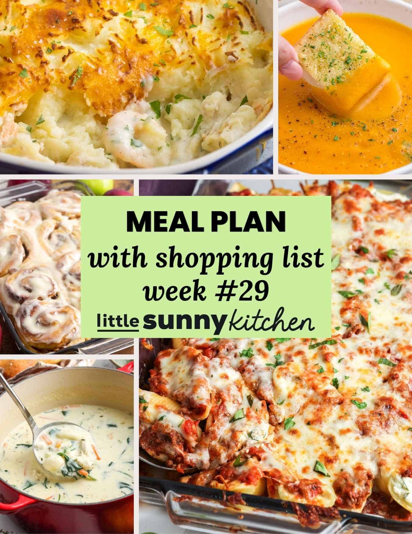 Meal Plan #29 for October 5 to 11 with beef stuffed shells, chicken gnocchi soup, bratwurst with sauerkraut, creamy sweet potato soup, fish pie, and apple pie filled cinnamon rolls.
