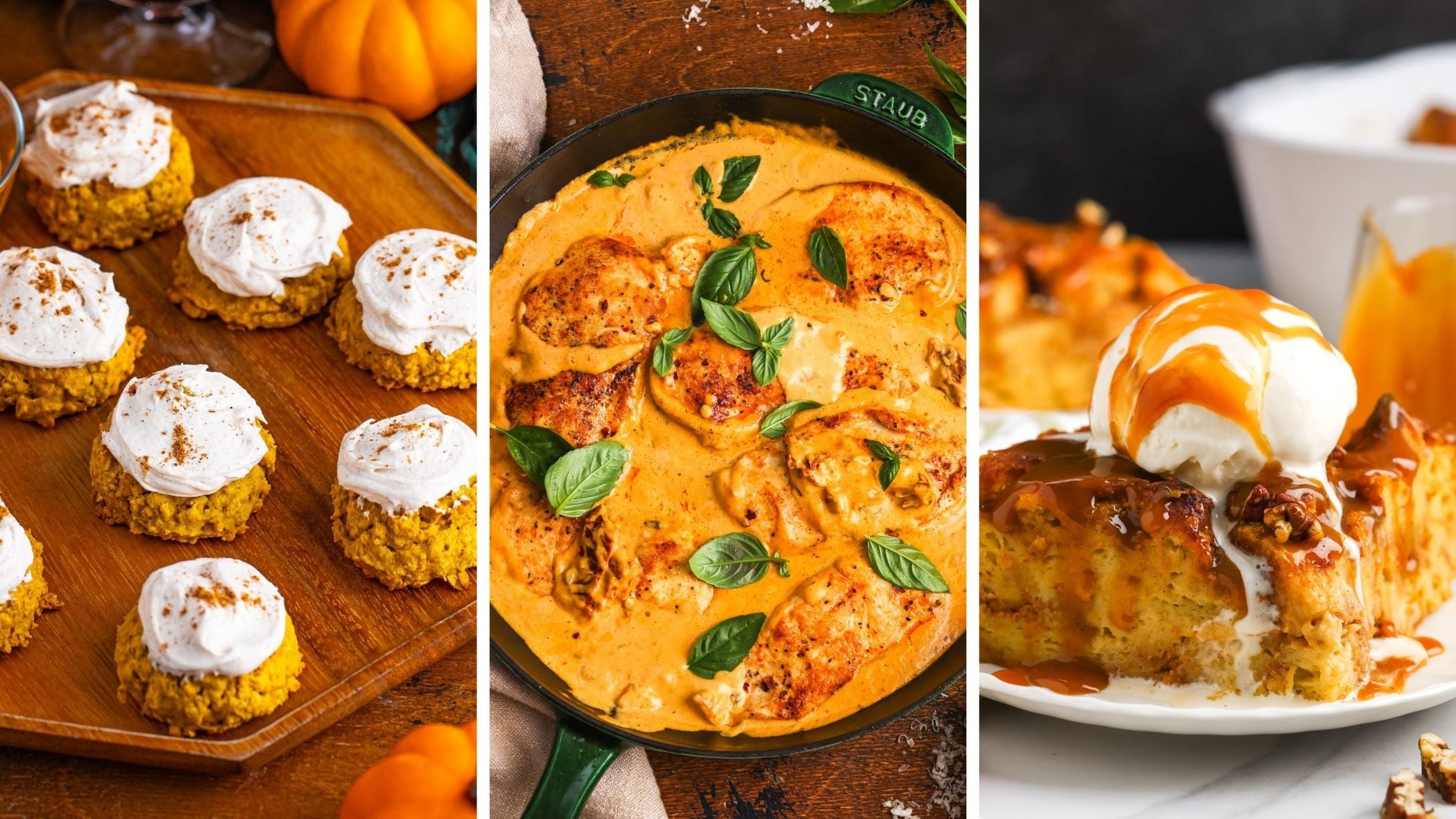 Frosted pumpkin cookies, pumpkin marry me chicken, and pumpkin bread pudding with caramel and ice cream