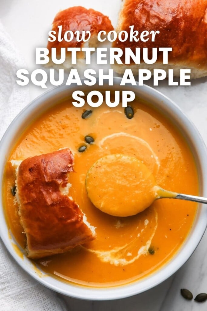 Creamy butternut squash apple soup with coconut milk, pepitas, and dinner rolls