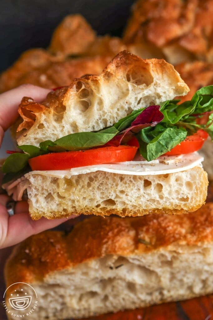 focaccia sandwich held in a hand, with mozzarella, sliced tomato, and greens.