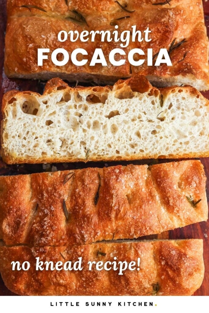 overnight focaccia cut into thick slices on a wooden board, showing an open airy crumb and dimpled crust. text overlay reads, overnight focaccia no knead recipe.