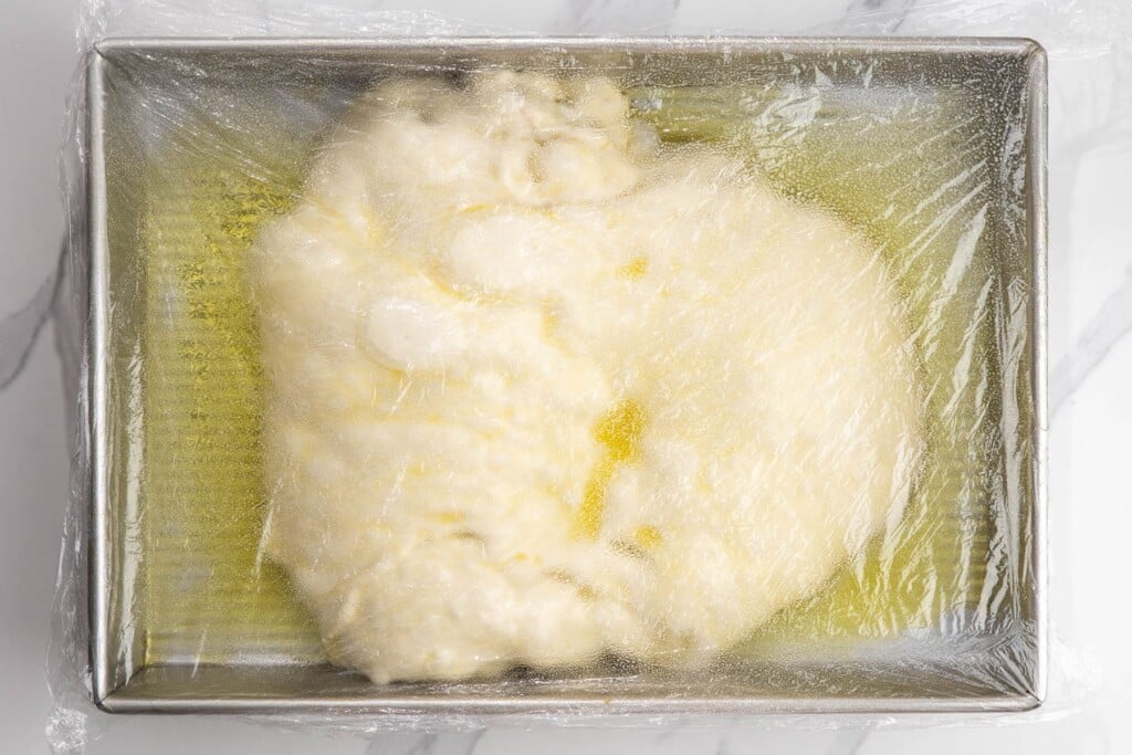 focaccia dough in an oiled metal pan, covered with plastic wrap to proof.