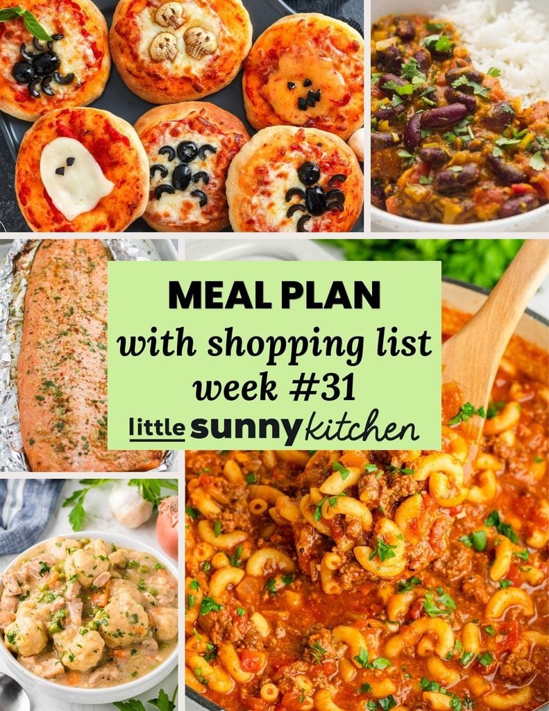 Meal Plan #32 for October 26 to November 1 with chicken and dumplings, American chop suey, kidney bean curry, garlic butter baked trout, spooky Halloween mini pizzas, and Halloween witch finger cookies.