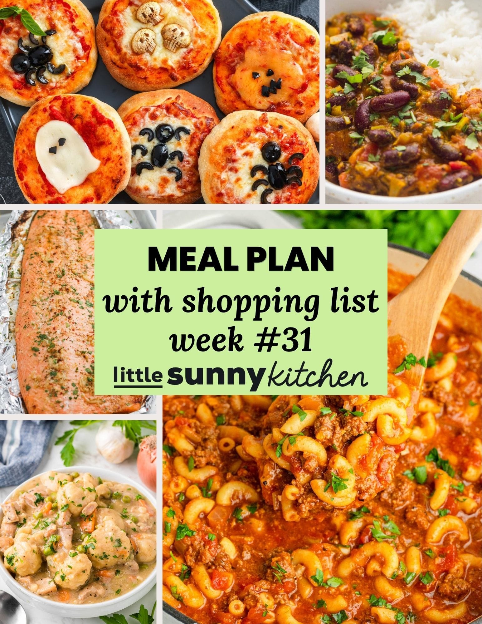 Meal Plan #32 for October 26 to November 1 with chicken and dumplings, American chop suey, kidney bean curry, garlic butter baked trout, spooky Halloween mini pizzas, and Halloween witch finger cookies.