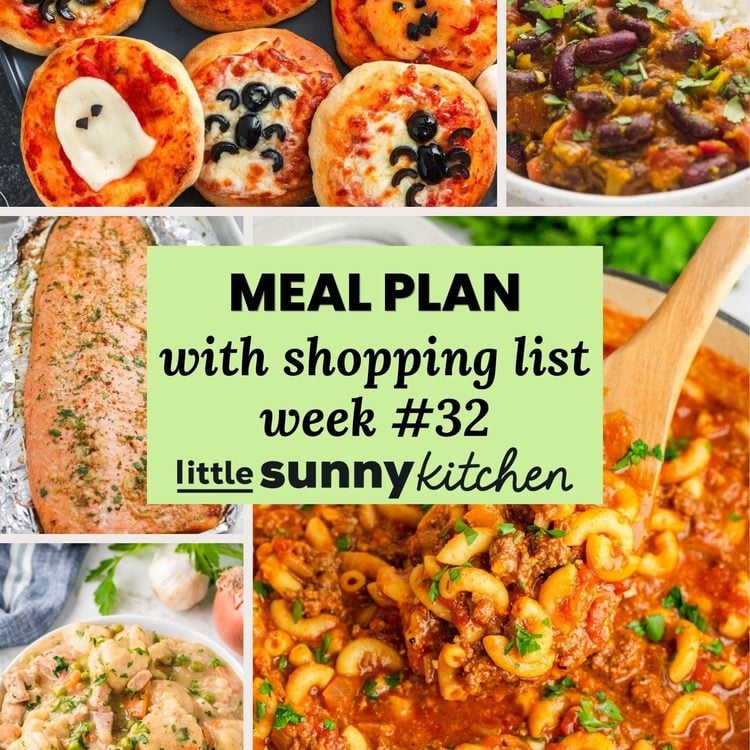Meal Plan #32 for October 26 to November 1 with chicken and dumplings, American chop suey, kidney bean curry, garlic butter baked trout, spooky Halloween mini pizzas, and Halloween witch finger cookies.