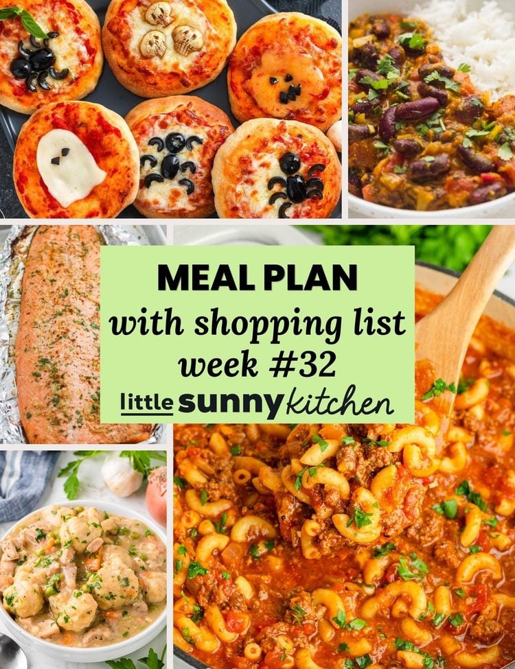 Meal Plan #32 for October 26 to November 1 with chicken and dumplings, American chop suey, kidney bean curry, garlic butter baked trout, spooky Halloween mini pizzas, and Halloween witch finger cookies.